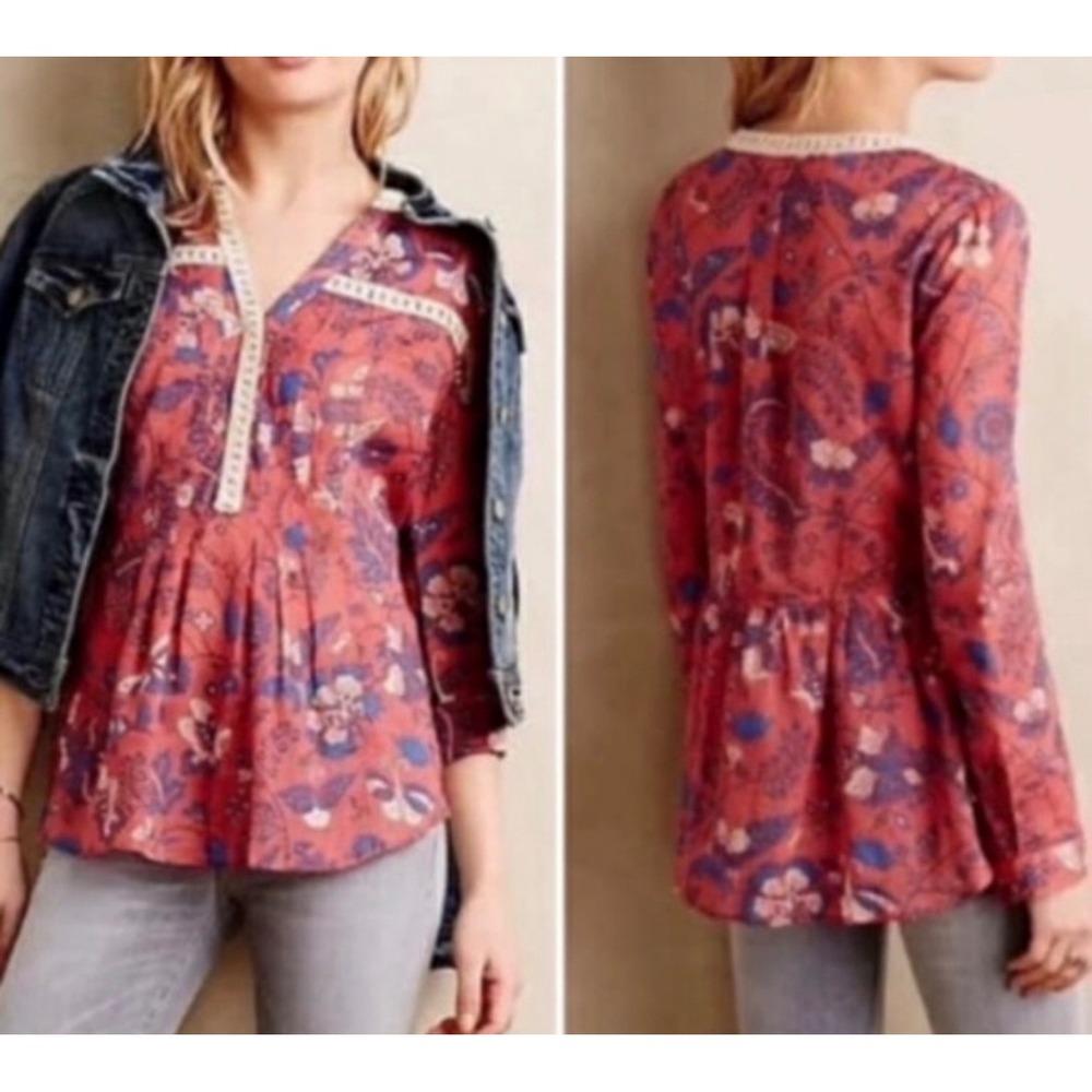 Anthro Maeve Abella Pintuck Boho Floral Butterfly Blouse‎ Lace Trim Cotton Top
